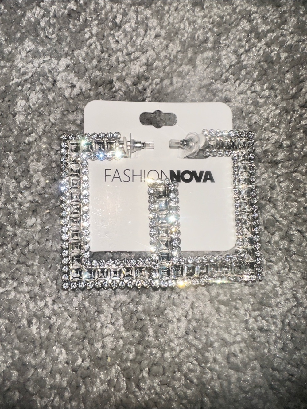 Fashion Nova Silver Crystal Square Hoop Statement Earrings